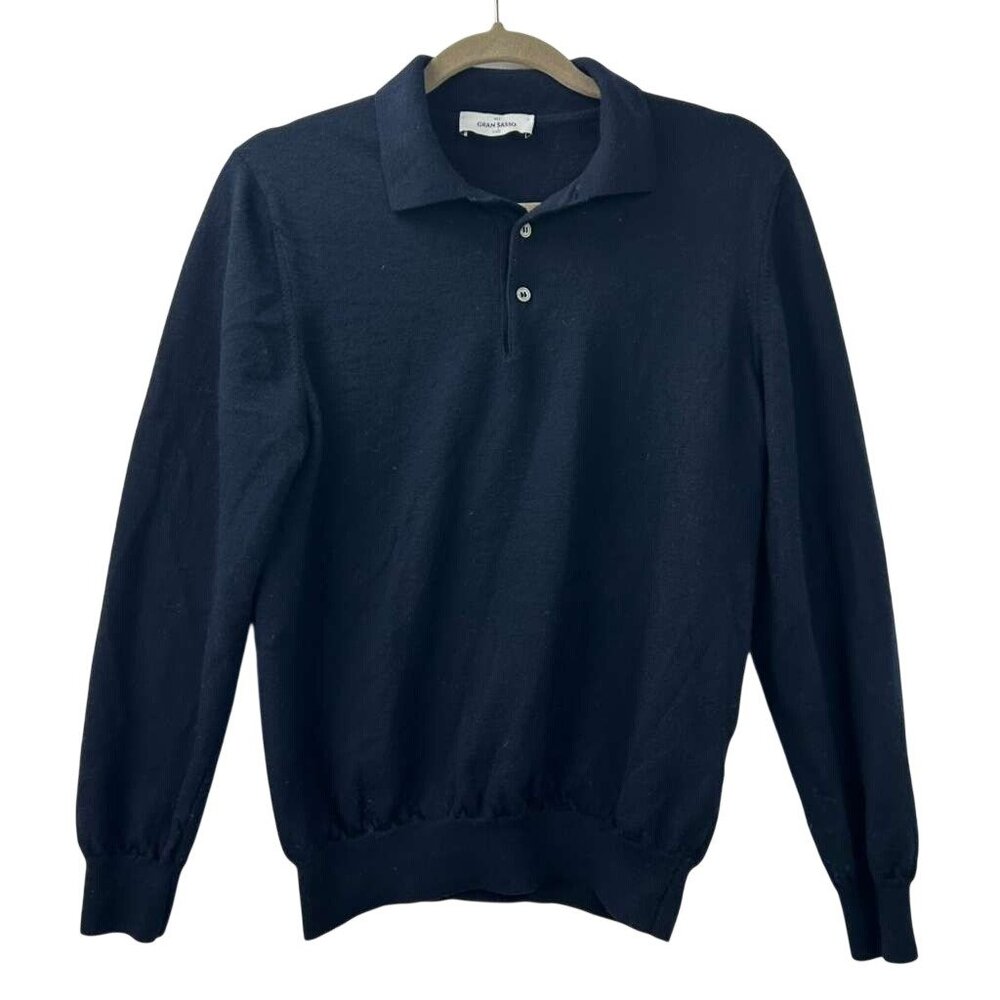 Gran Sasso Men's Small Polo Sweater 100% Virgin Wool Blue Collared Buttons - Picture 14 of 16